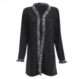 TRENDY ROUND COLLAR LONG SLEEVE TASSELS SPLICED LOOSE WARM CARDIGAN FOR LADIES (BLACK, SIZ