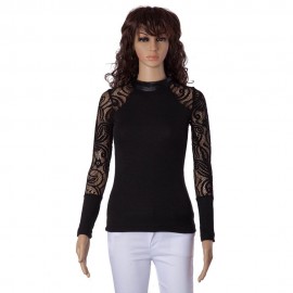 STYLISH JEWEL NECK LONG SLEEVE SPLICED HOLLOW OUT WOMEN'S KNITWEAR (BLACK, SIZE S/M)
