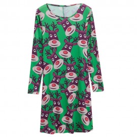ROUND COLLAR LONG SLEEVE DEER PRINT A-LINE CHRISTMAS SWING DRESS FOR LADIES (GREEN, SIZE S