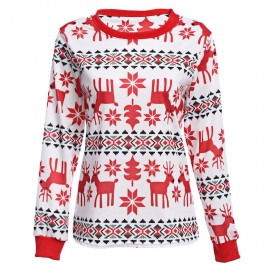 CHRISTMAS CASUAL ROUND COLLAR LONG SLEEVE DEER PRINT BLOUSE FOR LADIES (RED, SIZE S/M/L/XL