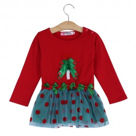 GIRL CHILD SWEET CHRISTMAS GIFT BOWKNOT RUFFLE LACE TREE ROUND COLLAR LONG SLEEVE SKIRT DR