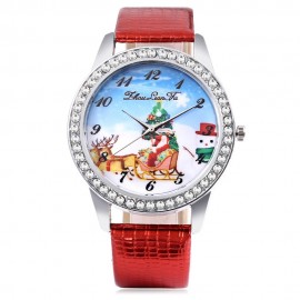ZHOULIANFA FEMALE QUARTZ WATCH ARTIFICIAL DIAMOND CHRISTMAS SANTA PATTERN DIAL LEATHER BAN