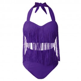 SOLID COLOR HIGH-WAISTED FRINGE DESIGN PLUS SIZE WOMEN'S BIKINI SET (PURPLE, SIZE L/XL)
