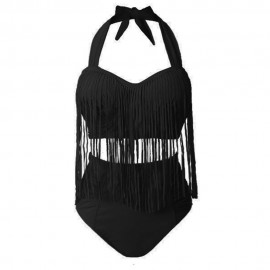 SOLID COLOR HIGH-WAISTED FRINGE DESIGN PLUS SIZE WOMEN'S BIKINI SET (BLACK, SIZE L/XL/2XL/