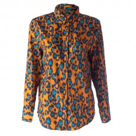 LEOPARD PRINT LONG SLEEVE COLOR BLOCK CASUAL WOMEN'S SHIRT