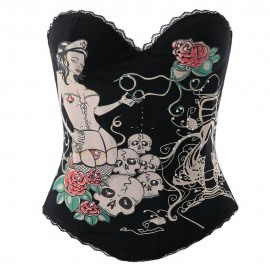 STRAPLESS FLORAL AND SKULL PRINT FIGURE PATTERN WOMEN'S CORSETS (BLACK, SIZE S)