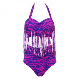 HALTER PLUS SIZE FRINGE DESIGN PRINTED HIGH-WAISTED WOMEN'S BIKINI SET (PURPLE, SIZE L/XL/
