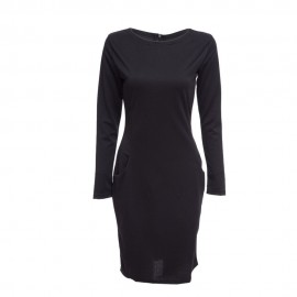 ELEGANT CASUAL ROUND COLLAR LONG SLEEVE SOLID PLUS SIZE WOMEN DRESS (BLACK, SIZE S/M/L/XL)