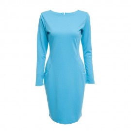 ELEGANT CASUAL ROUND COLLAR LONG SLEEVE SOLID PLUS SIZE WOMEN DRESS (LIGHT BLUE, SIZE S/M/