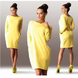 ELEGANT CASUAL ROUND COLLAR LONG SLEEVE SOLID PLUS SIZE WOMEN DRESS (YELLOW, SIZE S/M/L)