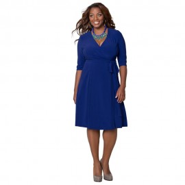 CASUAL V NECK SOLID COLOR 3/4 SLEEVE PLUS SIZE DRESS FOR WOMEN (BLUE, SIZE L/XL/2XL/3XL)