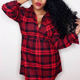 CASUAL STYLE PLUNGING NECK LONG SLEEVE GINGHAM PLUS SIZE WOMEN'S DRESS (RED, SIZE XL/2XL/3