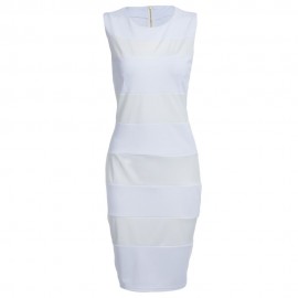 ATTRACTIVE JEWEL COLLAR SLEEVELESS PU LEATHER SPLICING PLUS SIZE MIDI DRESS FOR WOMEN (WHI