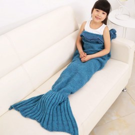 CHARMING GIRL CHILD MERMAID KNITTING AIR CONDITIONING SOFA SLEEPING BLANKET (LAKE BLUE)