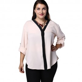 ELEGANT V-NECK HIT COLOR 3/4 SLEEVE PLUS SIZE BLOUSE FOR WOMEN (WHITE, XL/2XL/3XL/4XL/5XL)