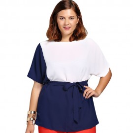 CHIC SHORT SLEEVE COLOR BLOCK WAIST TIED PLUS SIZE BLOUSE FOR WOMEN (COLOUR MIX, SIZE XL/2