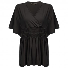 SIMPLE STYLE WOMEN'S PLUS SIZE BAT SLEEVE V NECK PURE COLOR T-SHIRT (BLACK, SIZE XL/2XL/3X