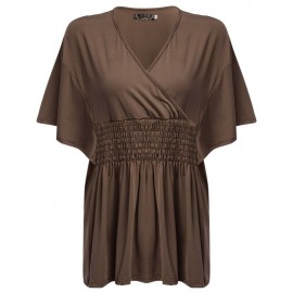 SIMPLE STYLE WOMEN'S PLUS SIZE BAT SLEEVE V NECK PURE COLOR T-SHIRT (BROWN, SIZE XL/2XL/3X