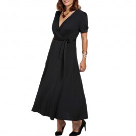 PLUS SIZE TIE BELT MAXI SURPLICE DRESS (BLACK, SIZE L/XL/2XL/3XL)