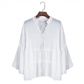 CASUAL V-NECK FLARE SLEEVE PLUS SIZE SLIM SHIRT FOR WOMEN (WHITE, SIZE XL/2XL/3XL/4XL/5XL)