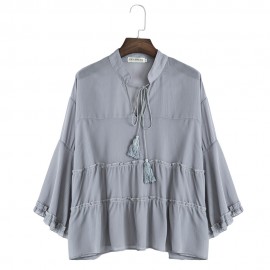 CASUAL V-NECK FLARE SLEEVE PLUS SIZE SLIM SHIRT FOR WOMEN (SMOKY GRAY, SIZE XL/2XL/3XL/4XL