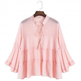 CASUAL V-NECK FLARE SLEEVE PLUS SIZE SLIM SHIRT FOR WOMEN (LIGHT PINK, SIZE XL/2XL/3XL/4XL