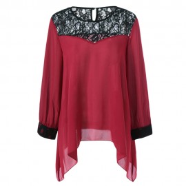 PLUS SIZE LACE SPLICING ASYMMETRICAL BLOUSE (DEEP RED, SIZE XL/2XL/3XL/4XL/5XL)