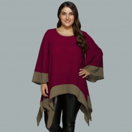 PLUS SIZE FLARE SLEEVE ASYMMETRICAL BLOUSE (WINE RED, SIZE XL/2XL/3XL/4XL/5XL)