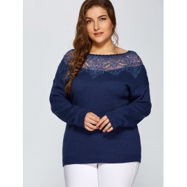 PLUS SIZE LACE SPLICED PULLOVER SWEATER (DEEP BLUE, SIZE XL/2XL/3XL/4XL/5XL)