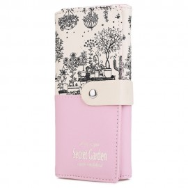 LANDSCAPE IMAGE PRINT LETTER EMBELLISHMENT SNAP FASTENER LONG CLUTCH WALLET (PINK)