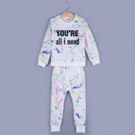 2PCS TRENDY GIRLS GRAFFITI PRINTED ROUND COLLAR TOPS TROUSERS (WHITE)