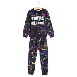 2PCS TRENDY GIRLS GRAFFITI PRINTED ROUND COLLAR TOPS TROUSERS (BLACK)