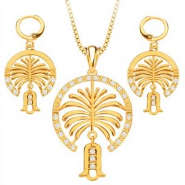 2PCS RHINESTONE EMBELLISHED HOLLOW 18K GOLD PLATED NECKLACE EARRING JEWELRY SETS (GOLDEN)