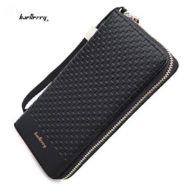 BAELLERRY WEAVE PLAID LETTER ZIPPER CLUTCH PORTABLE WALLET FOR MEN (BLACK)