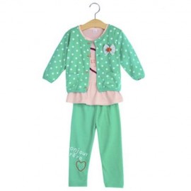 3PCS CUTE GIRLS COTTON LONG SLEEVE TOPS / POLKA DOT PRINTED COAT / TROUSERS (GREEN)