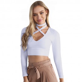 V-NECK LONG SLEEVE CRISS-CROSS BANDAGE KNITTED CROP TOP (WHITE, SIZE S/M/L/XL)
