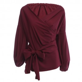 CHIC V-NECK LANTERN SLEEVE PURE COLOR BANDAGE DESIGN PLEAT T-SHIRT (WINE RED, SIZE S/M/L/X