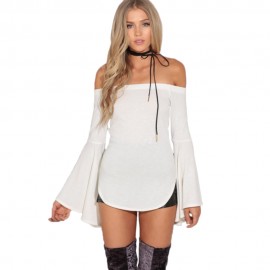 WOMEN'S BRIEF OFF THE SHOULDER FLARE SLEEVE T-SHIRT (WHITE, SIZE S/M/L/XL)