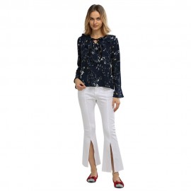 WOMEN'S STYLISH BOW TIE COLLAR FLARE SLEEVE FLORAL PRINT LOOSE BLOUSE (PURPLISH BLUE, SIZE