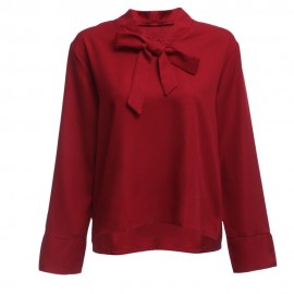 STYLISH BOW TIE COLLAR LONG SLEEVE PURE COLOR WOMEN BLOUSE (CLARET, SIZE M/L/XL/2XL)