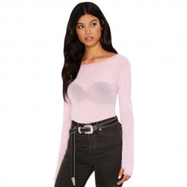 WOMEN SEXY TRANSPARENT LONG SLEEVE T-SHIRT SHEATH PURE COLOR MITTEN DESIGN (PINK, SIZE S/M