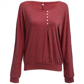 WOMEN'S CASUAL LONG SLEEVE ROUND COLLAR BUTTON BLOUSE (RUSSET RED, SIZE M/L/XL/2XL/3XL/4XL