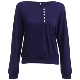 WOMEN'S CASUAL LONG SLEEVE ROUND COLLAR BUTTON BLOUSE (DEEP BLUE, SIZE M/L/XL/2XL/3XL/4XL)