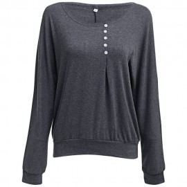 WOMEN'S CASUAL LONG SLEEVE ROUND COLLAR BUTTON BLOUSE (GRAY, SIZE M/L/XL/2XL/3XL/4XL)