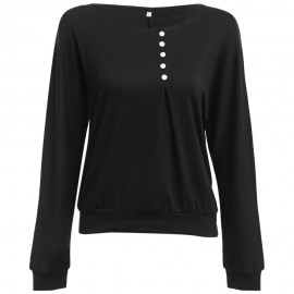 WOMEN'S CASUAL LONG SLEEVE ROUND COLLAR BUTTON BLOUSE (BLACK, SIZE M/L/XL/2XL/3XL/4XL)