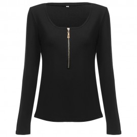 WOMEN'S STYLISH LONG SLEEVE SCOOP NECK ZIPPER BLOUSE (BLACK, SIZE S/M/L/XL)