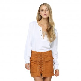 WOMEN LONG SLEEVE PLUNGING NECK CRISS CROSS BANDAGE BLOUSE (WHITE, SIZE S/M/L/XL)