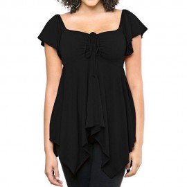 WOMEN'S SHORT SLEEVE PLEATED LACE-UP T-SHIRT (BLACK, SIZE S/M/L/XL)