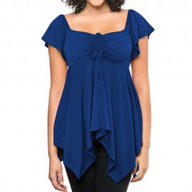 WOMEN'S SHORT SLEEVE PLEATED LACE-UP T-SHIRT (BLUE, SIZE S/M/L/XL)