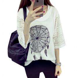 CASUAL SHORT SLEEVE LACE PATCHWORK HOLLOW OUT SPIDER WEB PRINT LOOSE T-SHIRT (WHITE, SIZE 